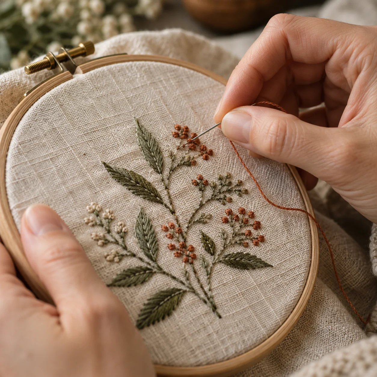 A hand guiding embroidery thread through botanical stitching