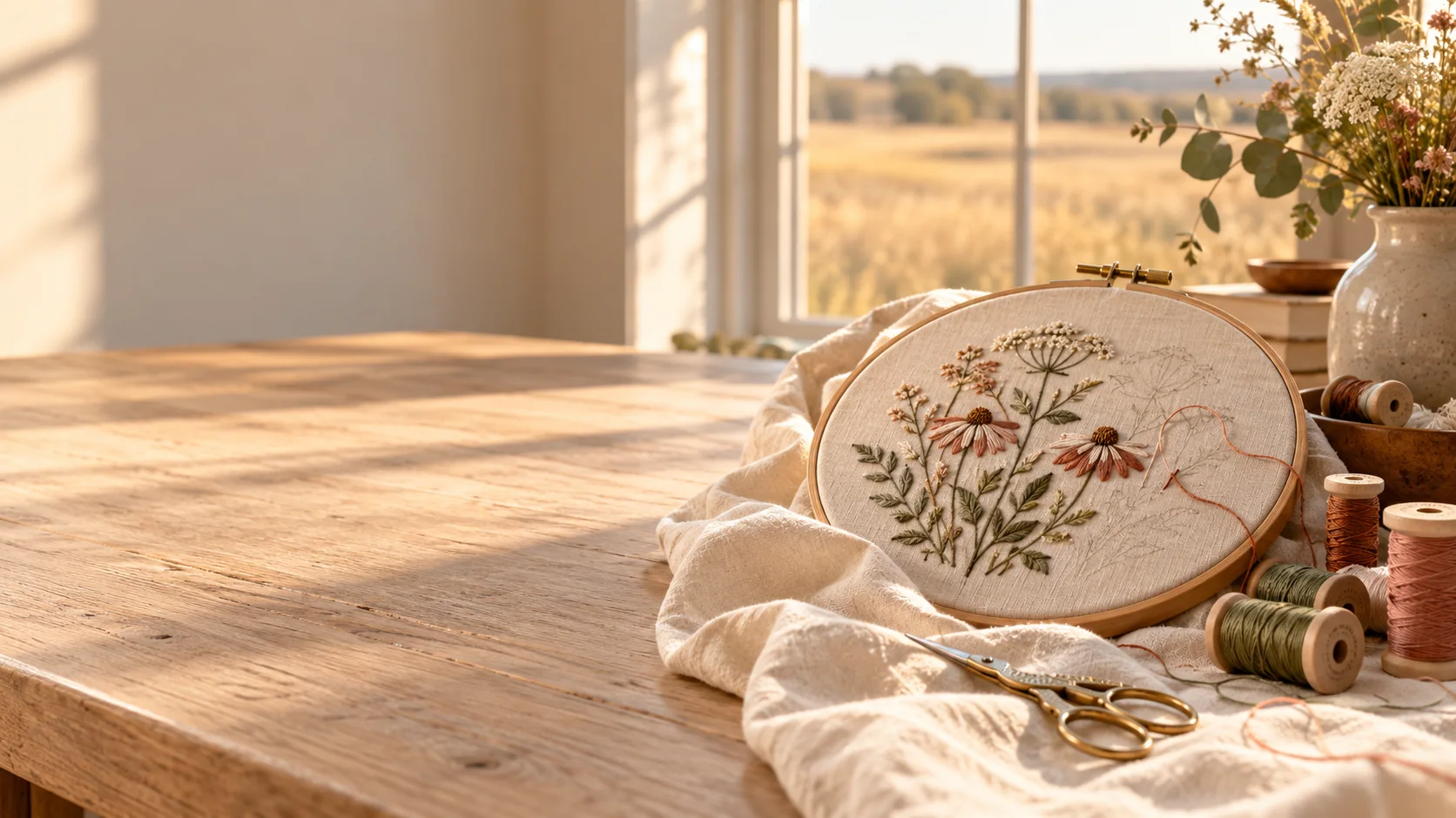 Embroidery hoop, thread and tools on a sunlit worktable