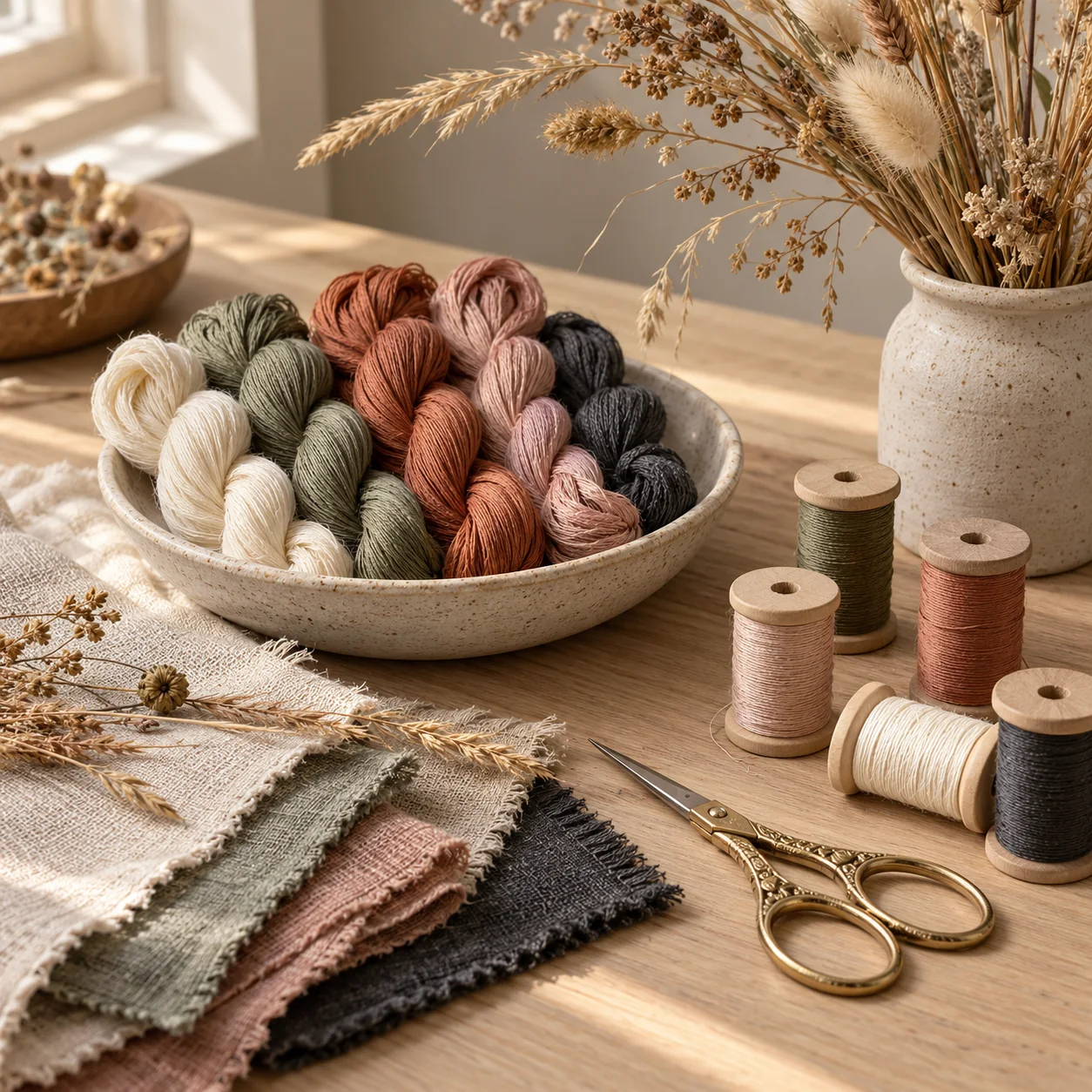 Thread, linen and embroidery tools in prairie-inspired colors